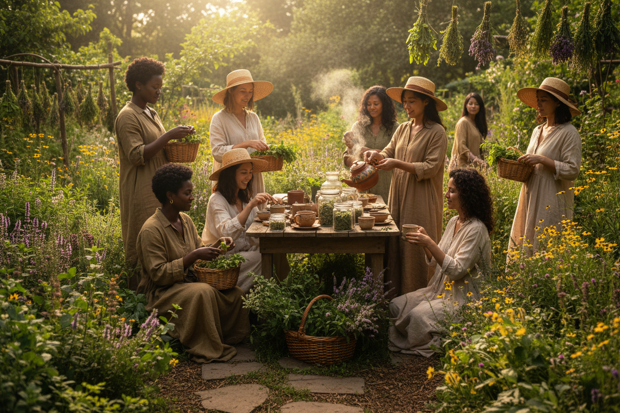 Multicultural women in herb garden making tea
